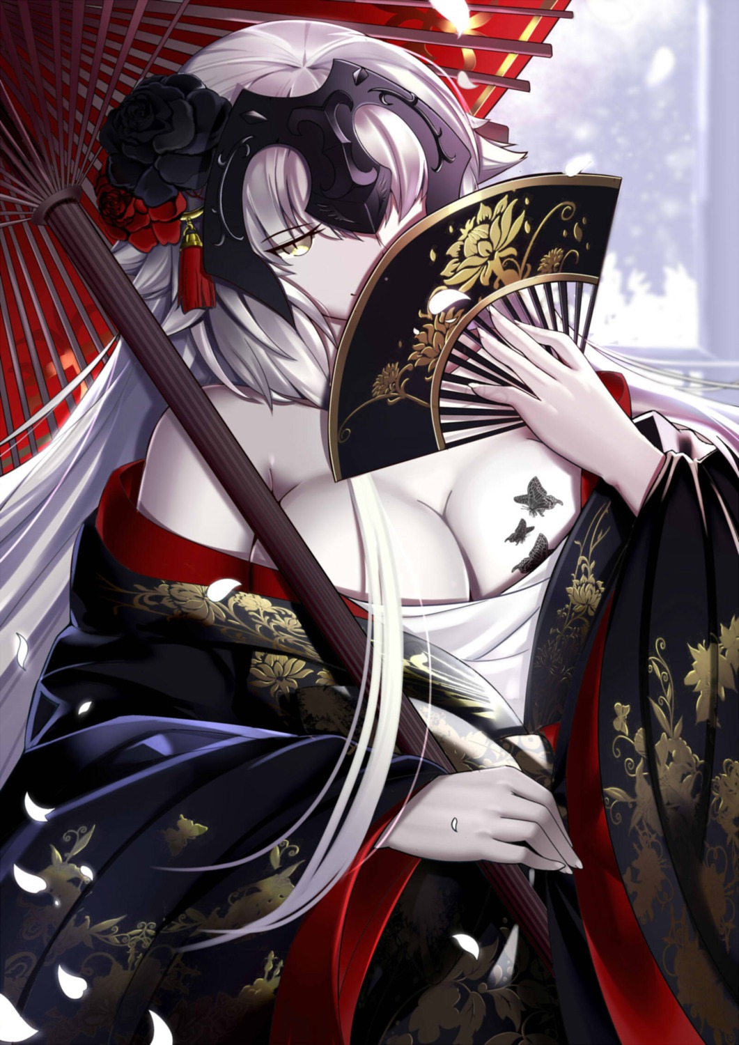 cleavage fate/grand_order jeanne_d'arc jeanne_d'arc_(alter)_(fate) kimono open_shirt paperfinger sarashi tattoo umbrella