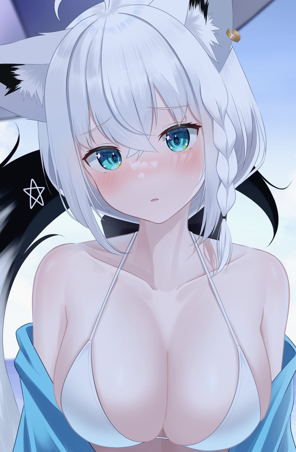 animal_ears bikini_top hololive hololive_gamers kachikachipiroo kitsune open_shirt shirakami_fubuki swimsuits tail