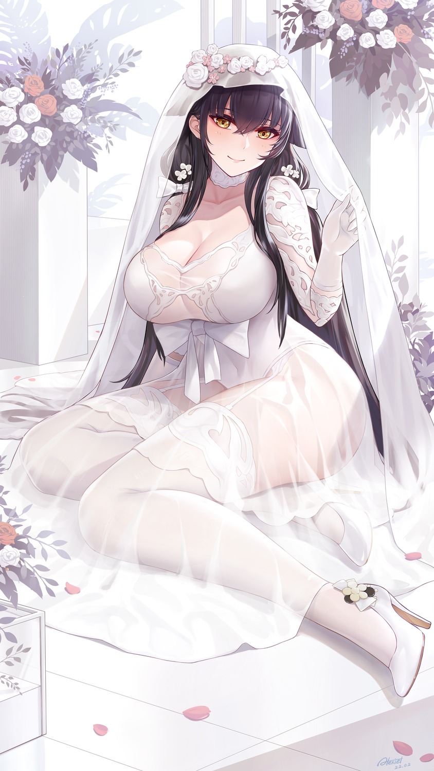 alexiel_(pixiv6211566) azuma_(azur_lane) azur_lane dress heels no_bra see_through stockings thighhighs wedding_dress