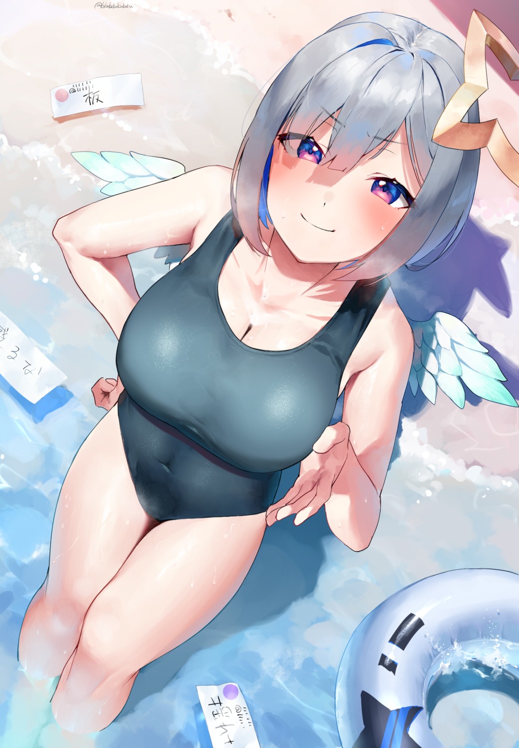 amane_kanata angel cleavage frikulu hololive school_swimsuit swimsuits wet wings