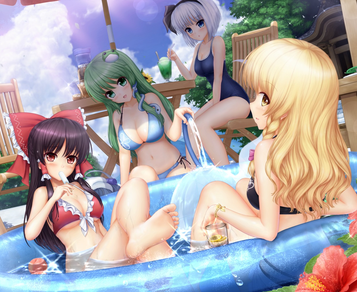 bikini cleavage hakurei_reimu kirisame_marisa kochiya_sanae konpaku_youmu miyakouji swimsuits touhou