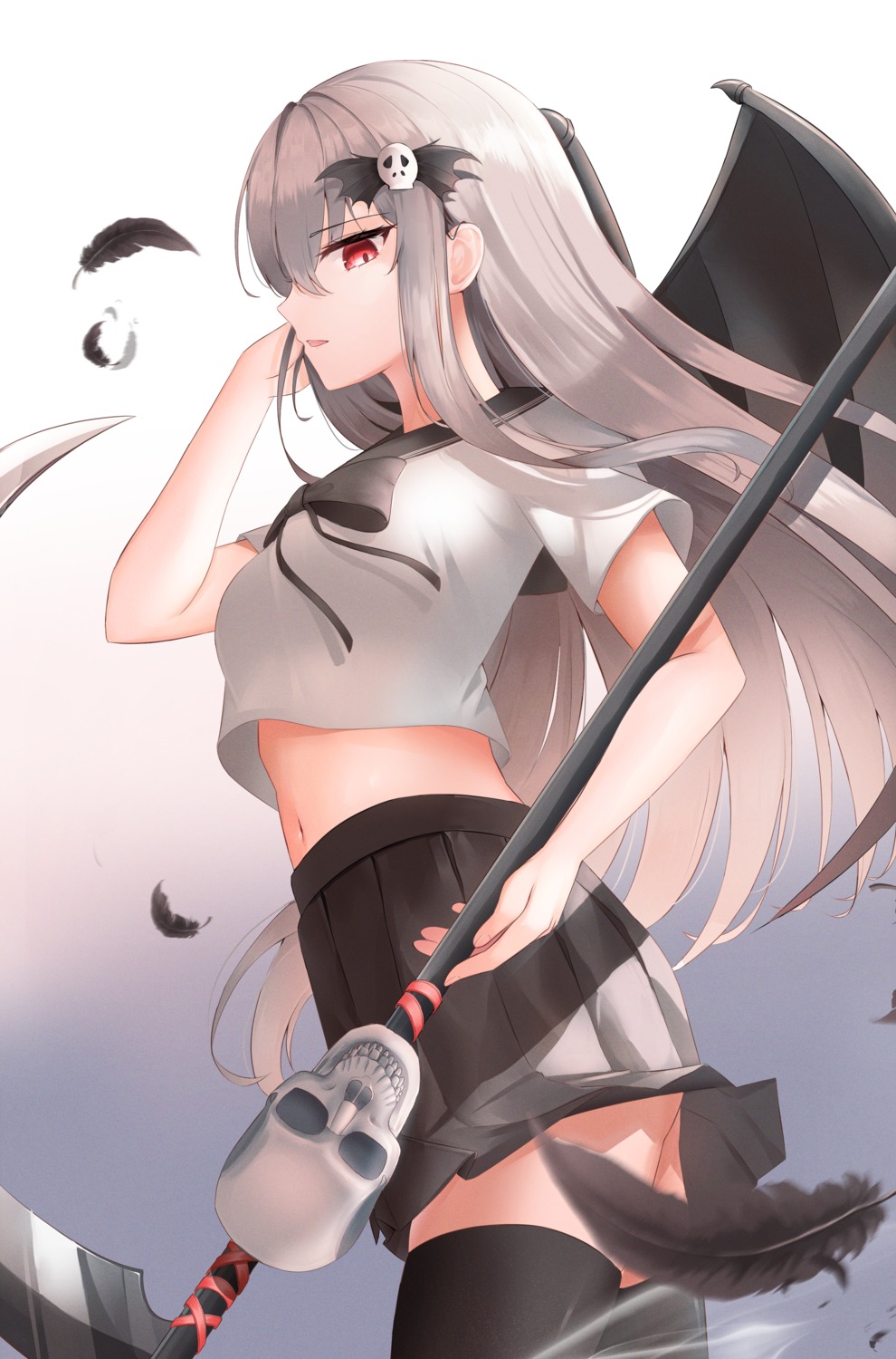 li_se seifuku skirt_lift thighhighs weapon wings