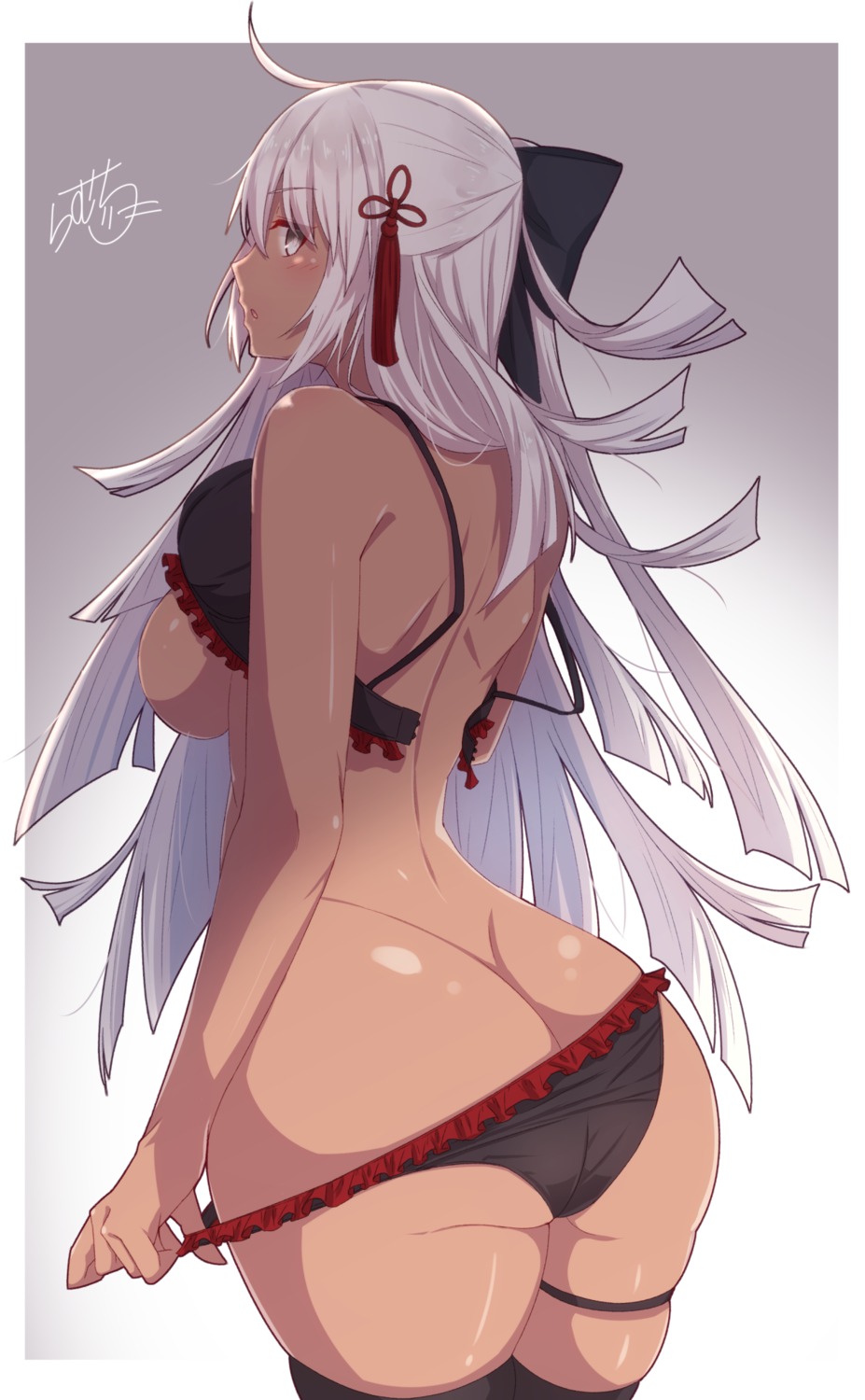 ass bra breasts fate/grand_order garter okita_souji_(alter)_(fate) pantsu panty_pull ramchi thighhighs undressing