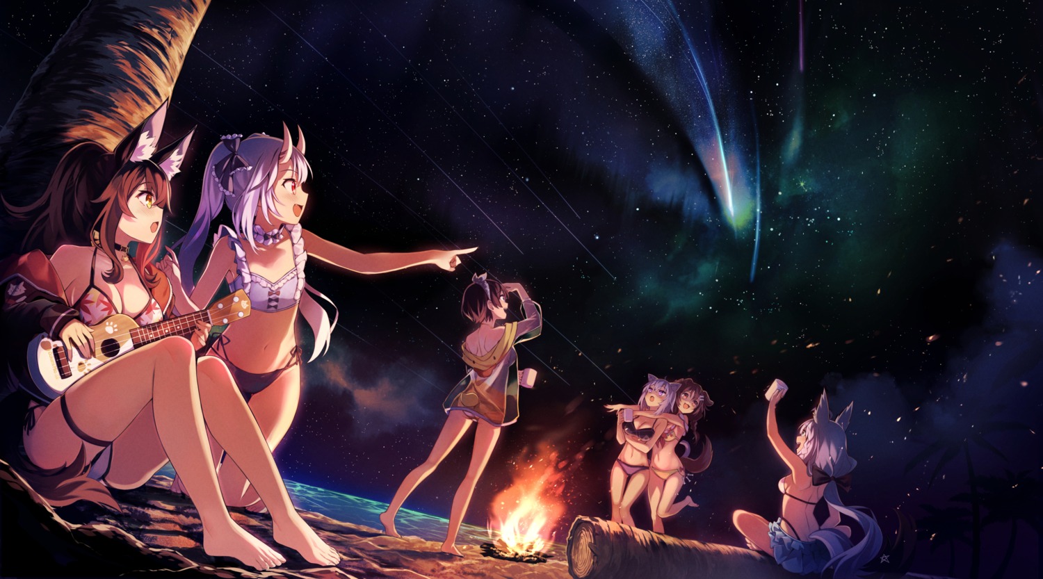 animal_ears bikini deany garter hololive hololive_gamers horns inugami_korone inumimi kitsune nakiri_ayame nekomata_okayu nekomimi ookami_mio oozora_subaru open_shirt shirakami_fubuki swimsuits tail