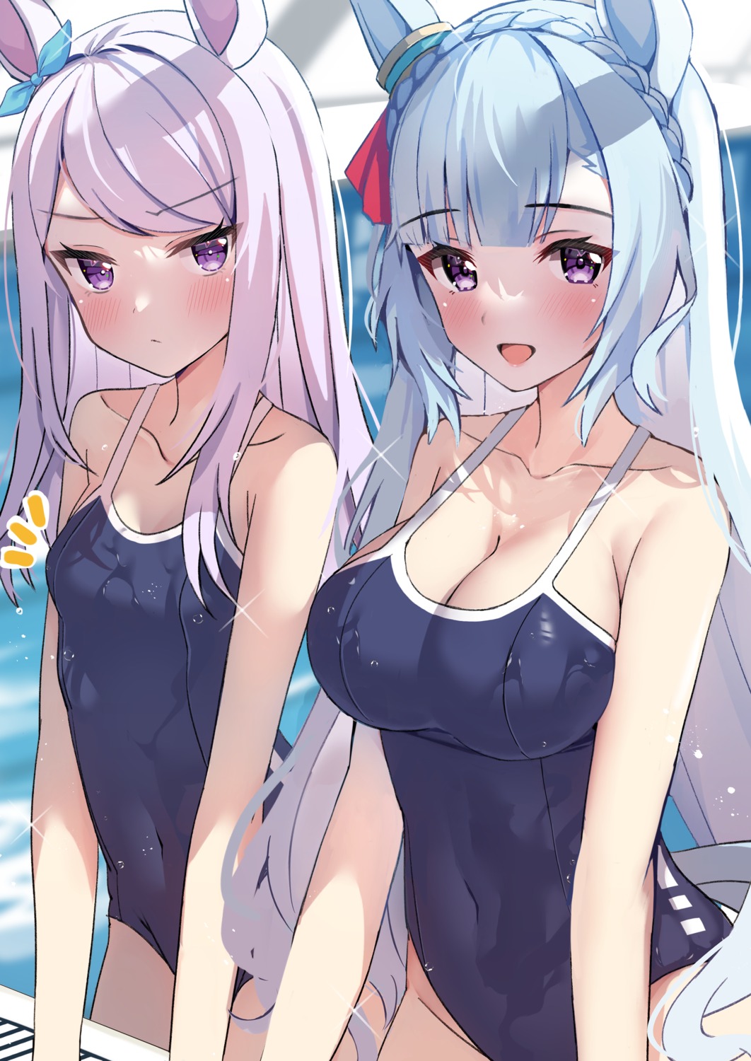 animal_ears cleavage mejiro_ardan_(umamusume) mejiro_mcqueen_(umamusume) rei_(ilust9999) school_swimsuit swimsuits tail uma_musume_pretty_derby wet