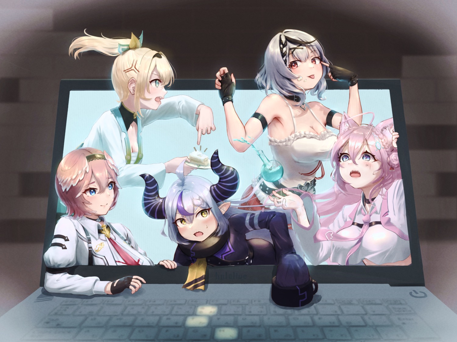 animal_ears devil hakui_koyori hololive horns japanese_clothes kazama_iroha la+_darknesss lerk_puzz open_shirt pointy_ears sakamata_chloe sarashi takane_lui uniform wings