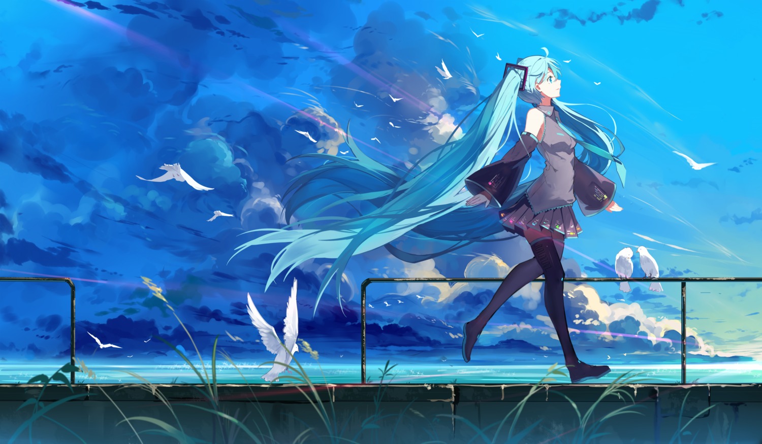 baisi_shaonian hatsune_miku landscape thighhighs vocaloid