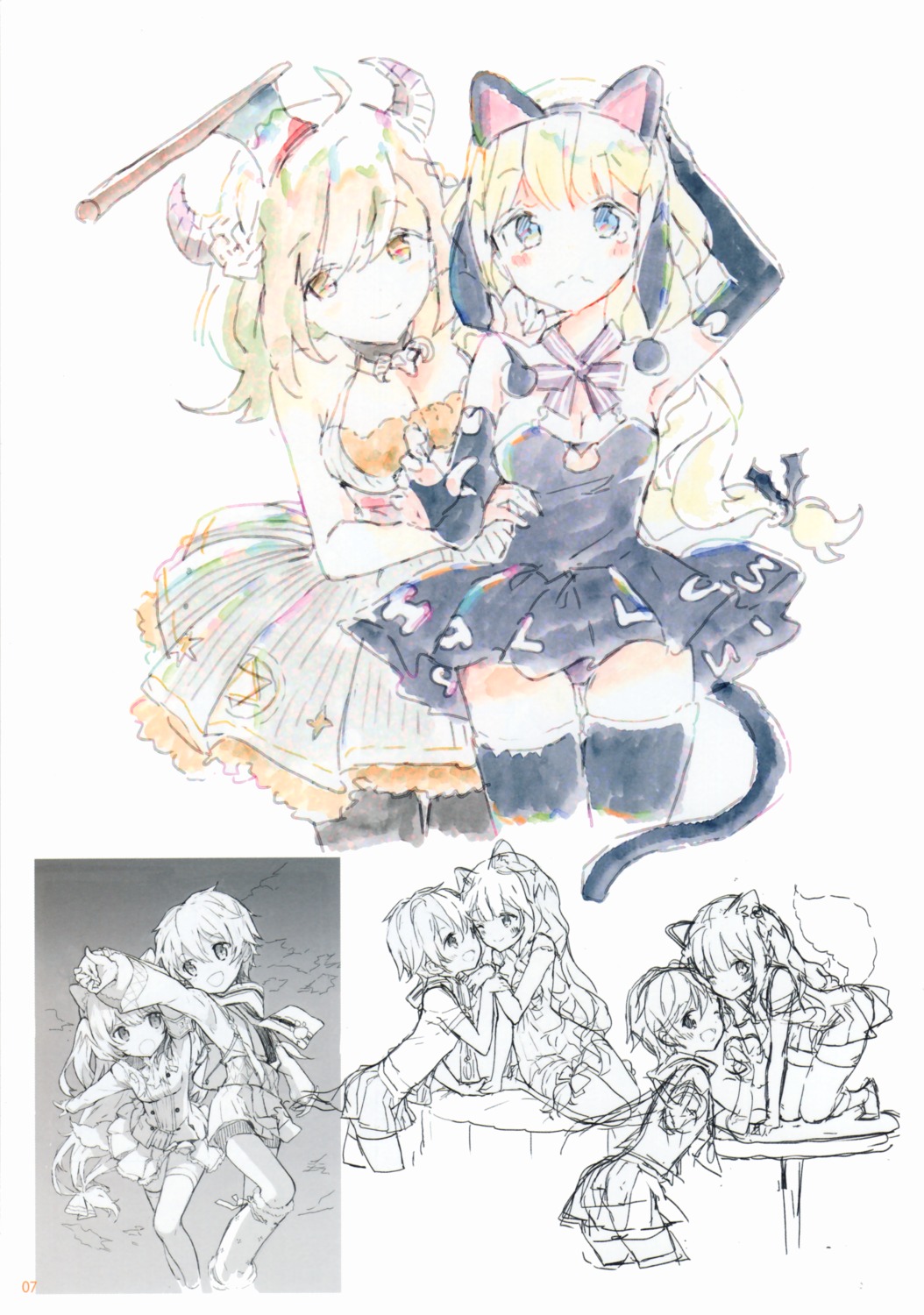 animal_ears atelier_tiv_artworks bike_shorts blood bokura_wa_minna_ikiteiru! cleavage dress halloween horns monochrome pantyhose sketch tail tiv weapon