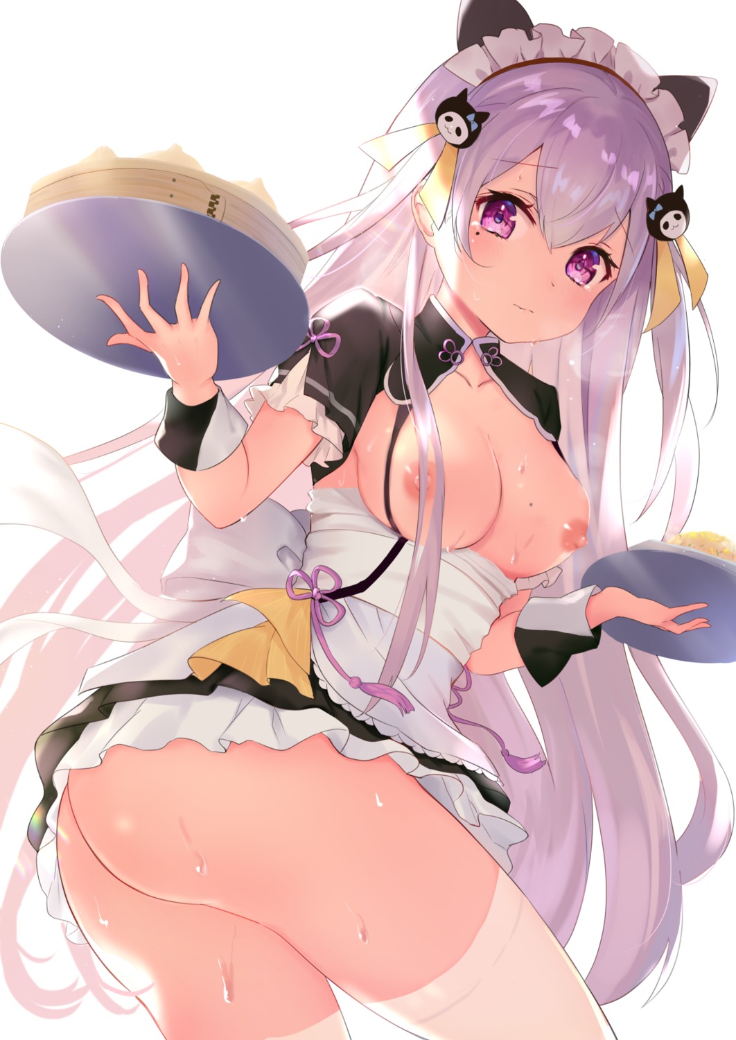 animal_ears ass breasts hourei_tenten indie_virtual_youtuber maid nekomimi nipple_slip nipples no_bra nopan omelet_tomato skirt_lift thighhighs waitress wet