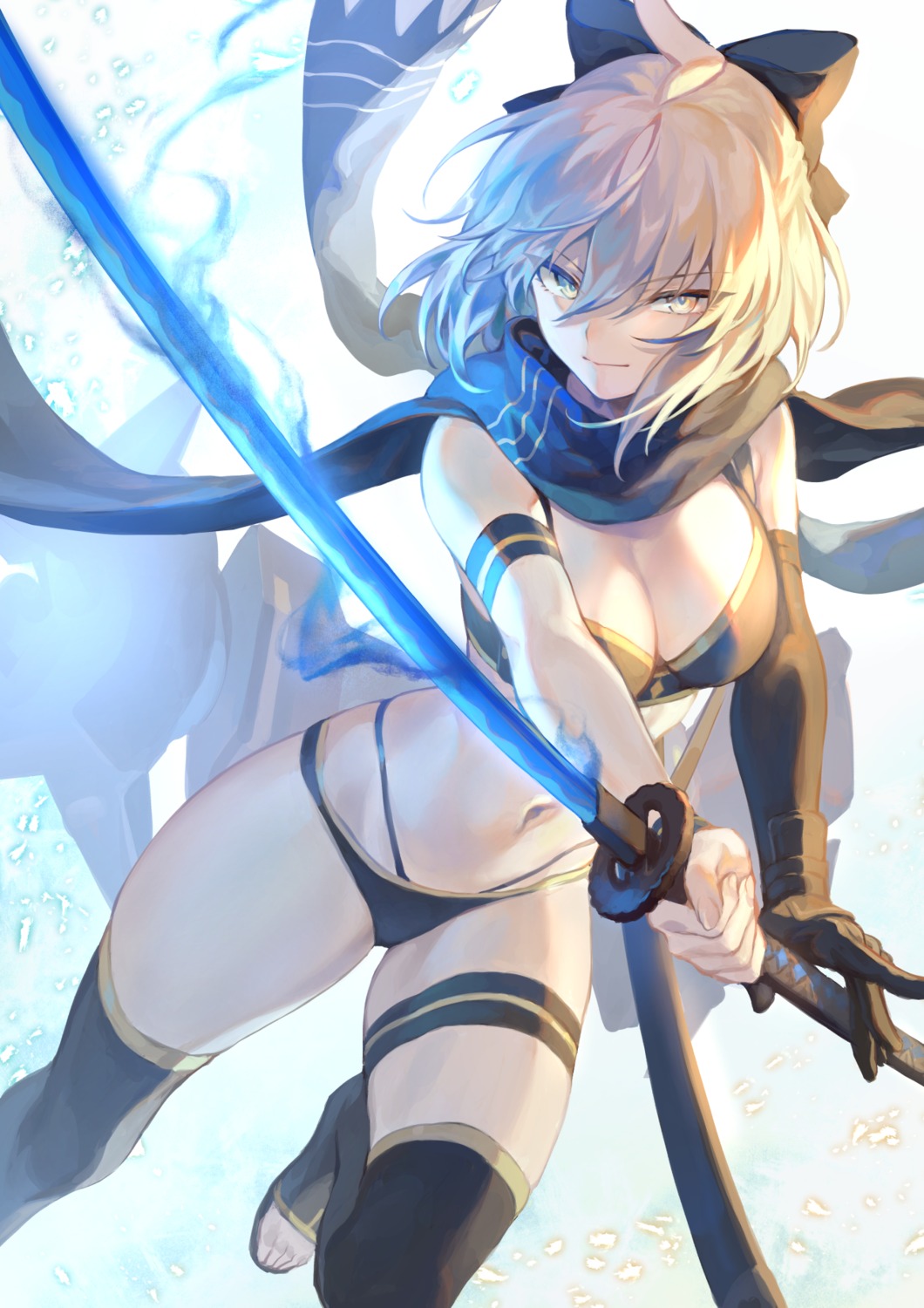 bikini cleavage fate/grand_order garter mashu_(003) okita_souji_(fate) swimsuits sword thighhighs