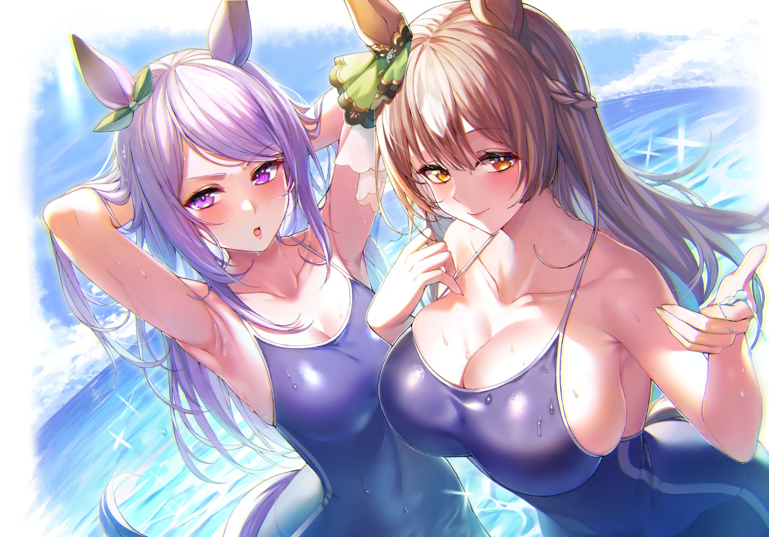 animal_ears mejiro_mcqueen_(umamusume) satono_diamond_(umamusume) school_swimsuit swimsuits togami_(tobysou526) uma_musume_pretty_derby wet