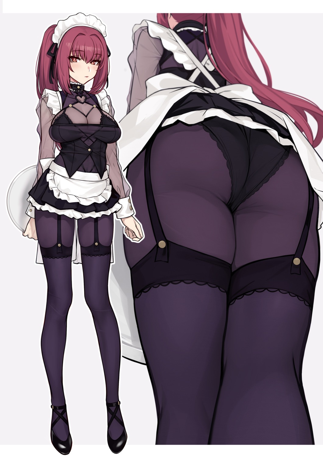 ass bra cleavage evan_yang fate/grand_order maid pantsu scathach_(fate/grand_order) see_through stockings thighhighs