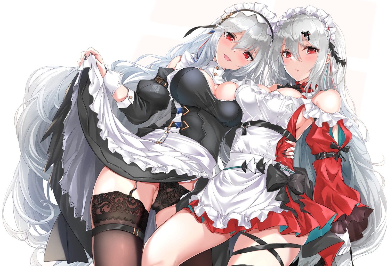 arknights cameltoe fatke garter maid no_bra pantsu skadi_(arknights) skirt_lift specter_(arknights) stockings symmetrical_docking thighhighs