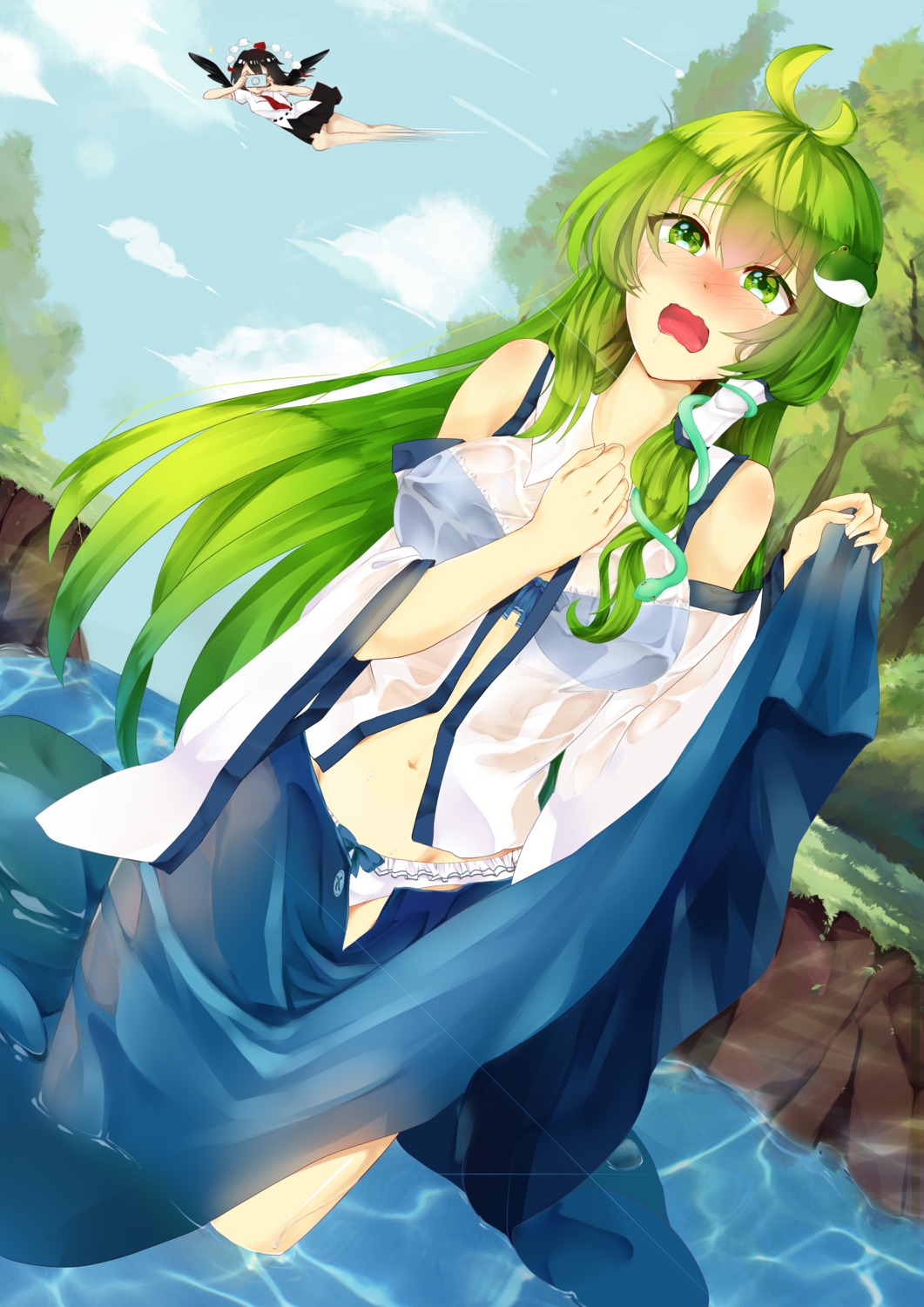 bra kochiya_sanae pantsu ranyomochi see_through shameimaru_aya skirt_lift touhou wardrobe_malfunction wet wet_clothes wings