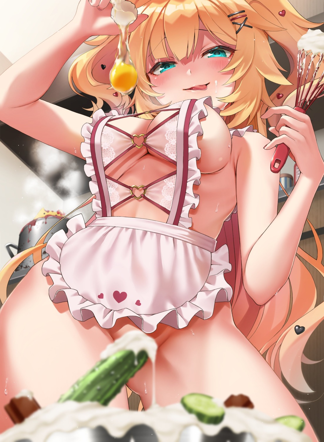 akai_haato cream hololive makinan naked_apron