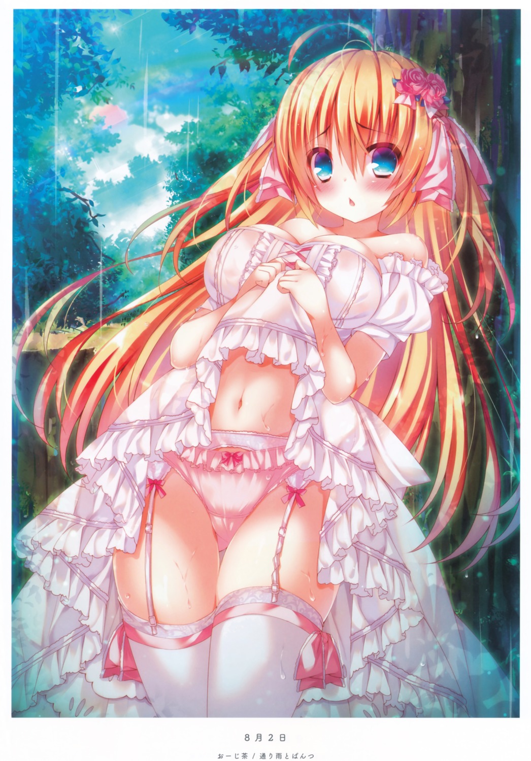 cleavage dress ojitea pantsu skirt_lift stockings thighhighs wet_clothes
