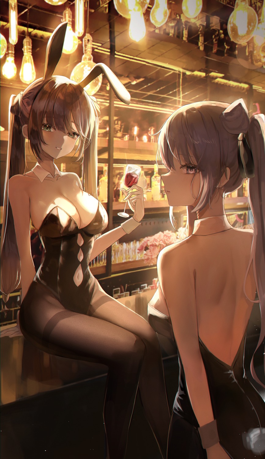 animal_ears bunny_ears bunny_girl chabi genshin_impact keqing mona_megistus no_bra pantyhose