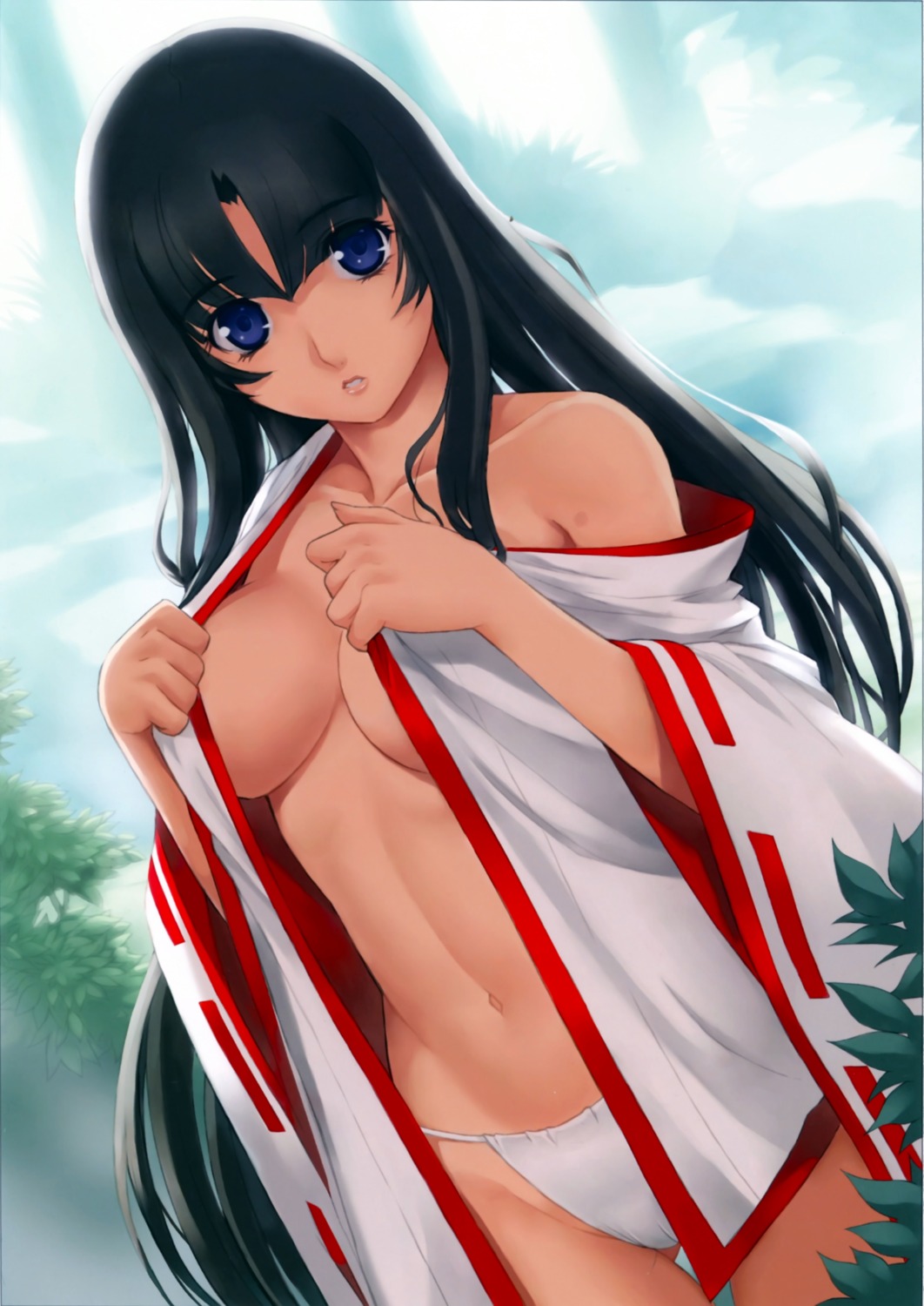 cleavage eiwa fundoshi miko no_bra open_shirt queen's_blade tomoe undressing