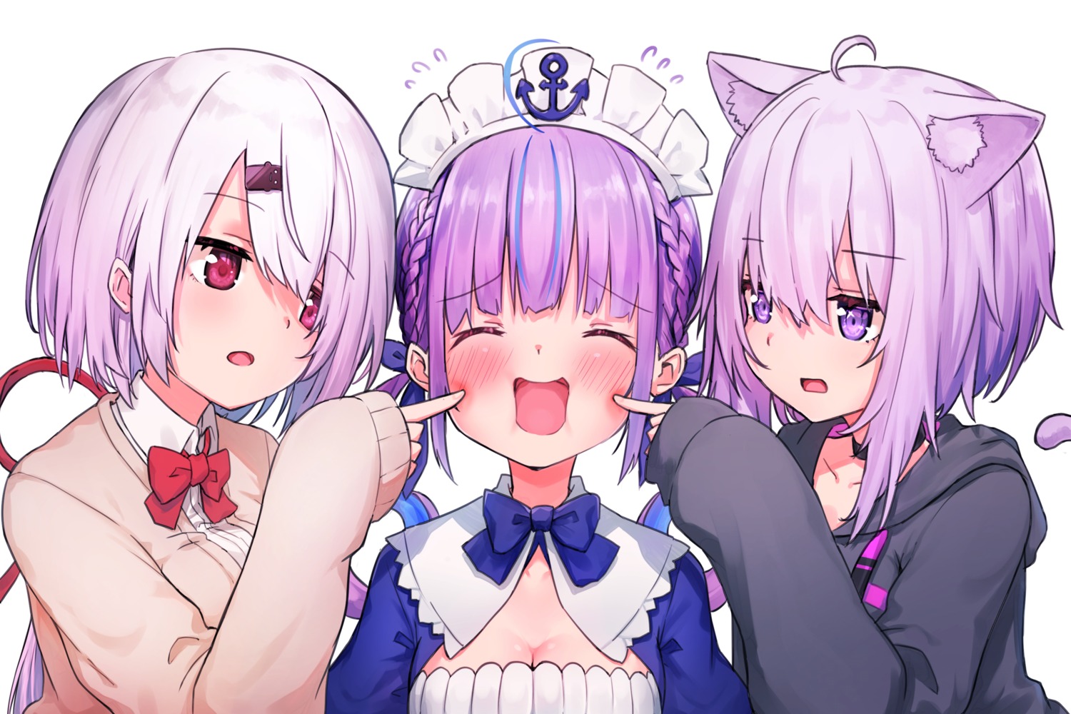 animal_ears cleavage crossover hololive hololive_gamers kutar22 maid minato_aqua nekomata_okayu nekomimi nijisanji nijisanji_gamers seifuku shiina_yuika sweater