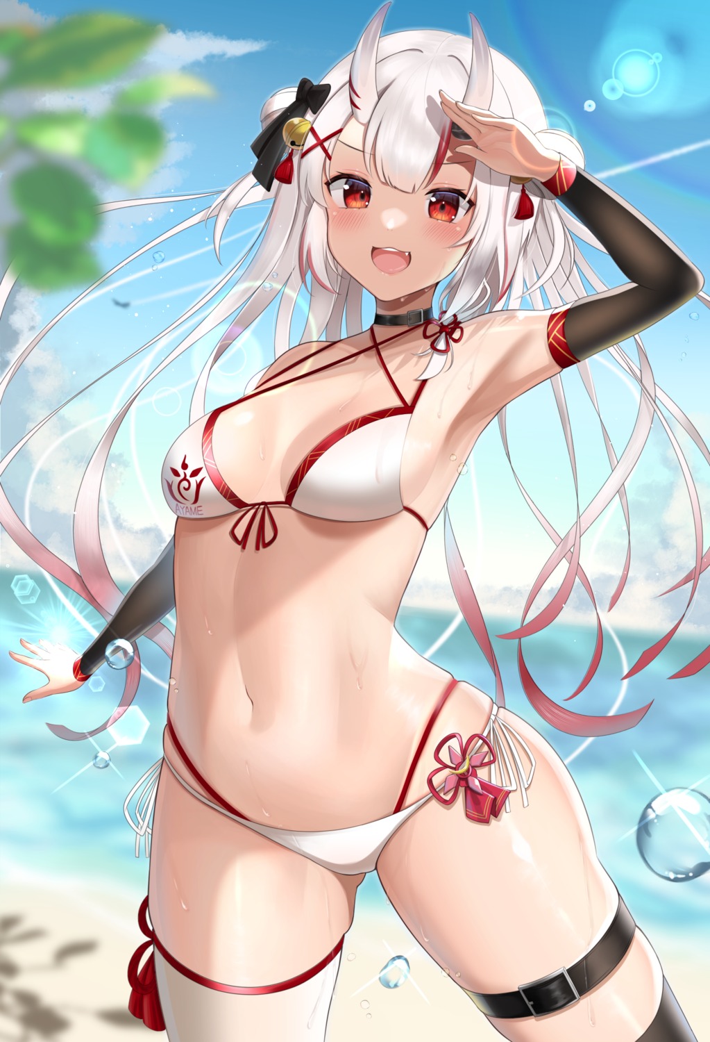 bikini garter hololive horns kachikachipiroo nakiri_ayame swimsuits wet