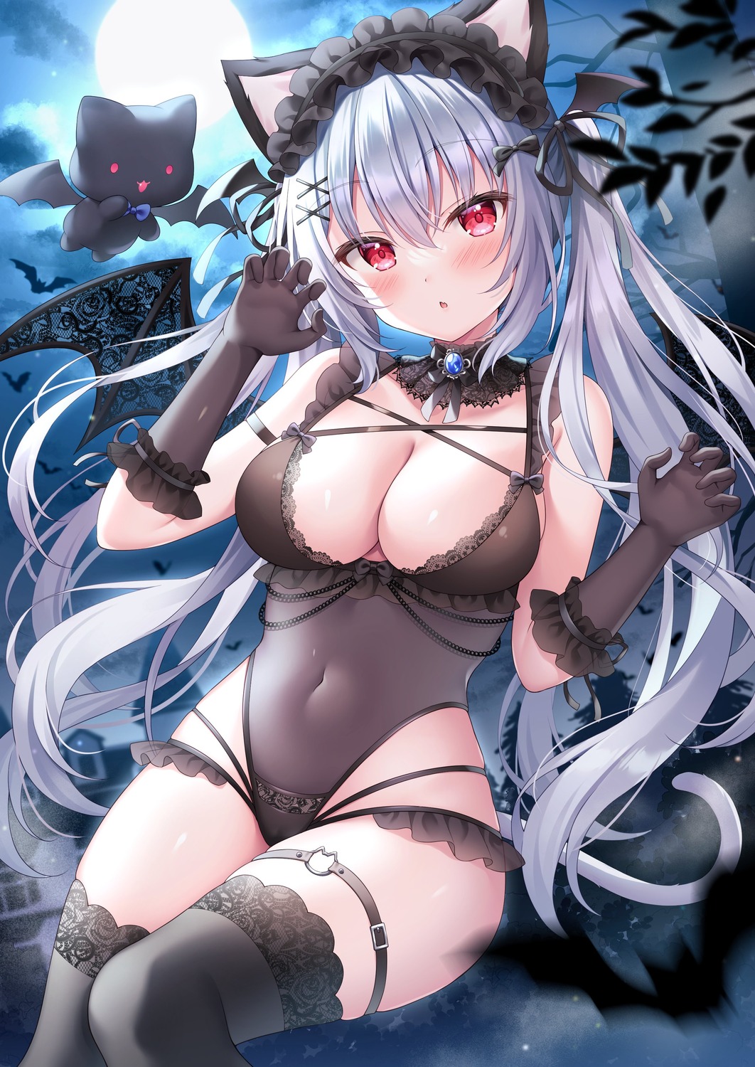 animal_ears garter halloween leotard neko nekomimi no_bra see_through siooooono tail thighhighs wings