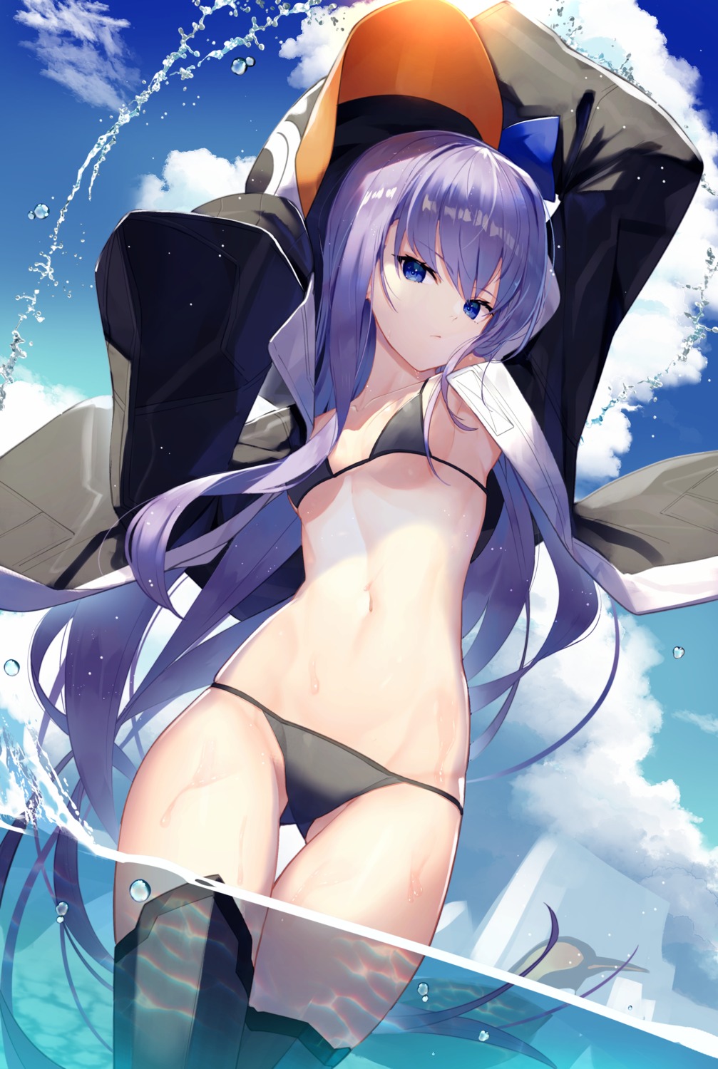 bikini fate/grand_order meltryllis open_shirt penguin scottie swimsuits thighhighs wet