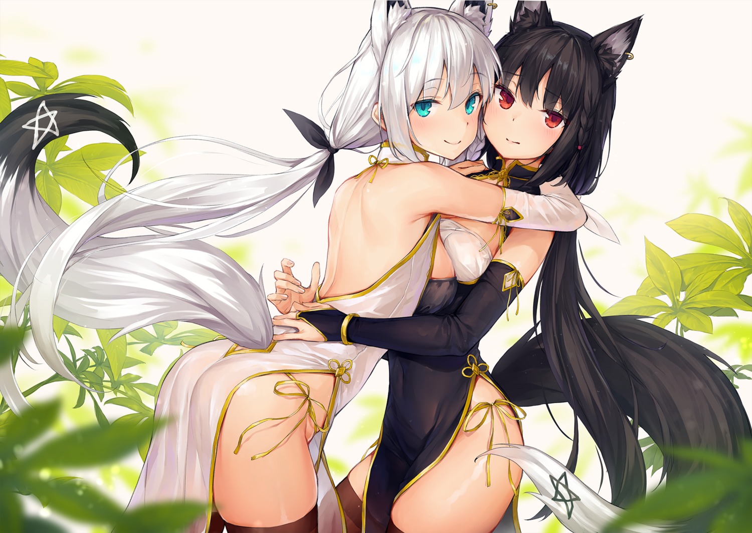 animal_ears ass chinadress hololive hololive_gamers kitsune kurokami_fubuki no_bra pantsu see_through shirakami_fubuki string_panties sy4 symmetrical_docking tail thighhighs yuri