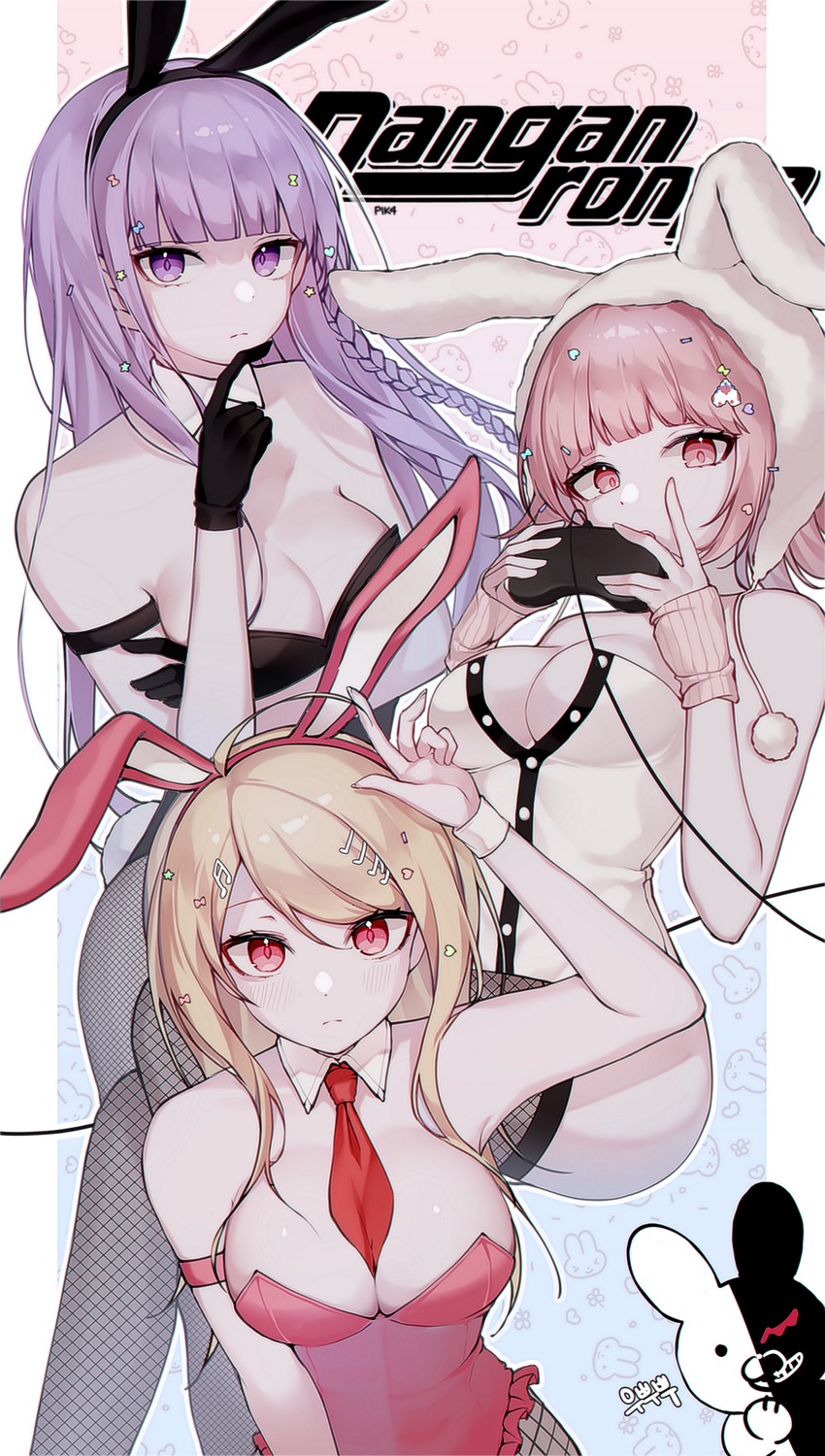 akamatsu_kaede animal_ears breast_hold bunny_ears bunny_girl cleavage dangan-ronpa dangan-ronpa_2 dangan-ronpa_v3 fishnets kirigiri_kyouko nanami_chiaki no_bra pantyhose pik4 tail thighhighs