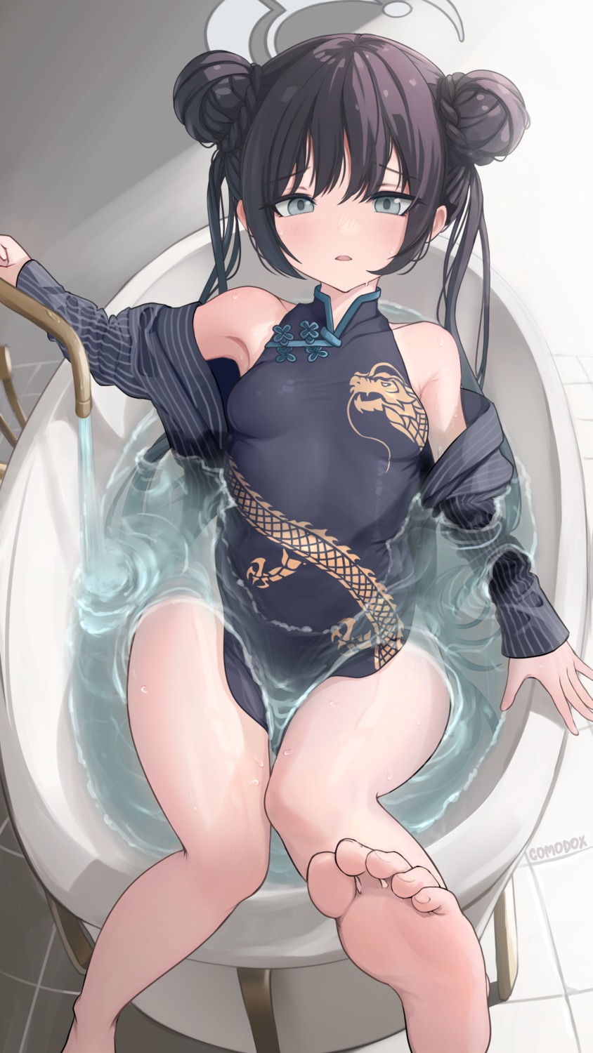 bathing blue_archive chinadress comodomodo feet halo loli ryuuge_kisaki wet wet_clothes