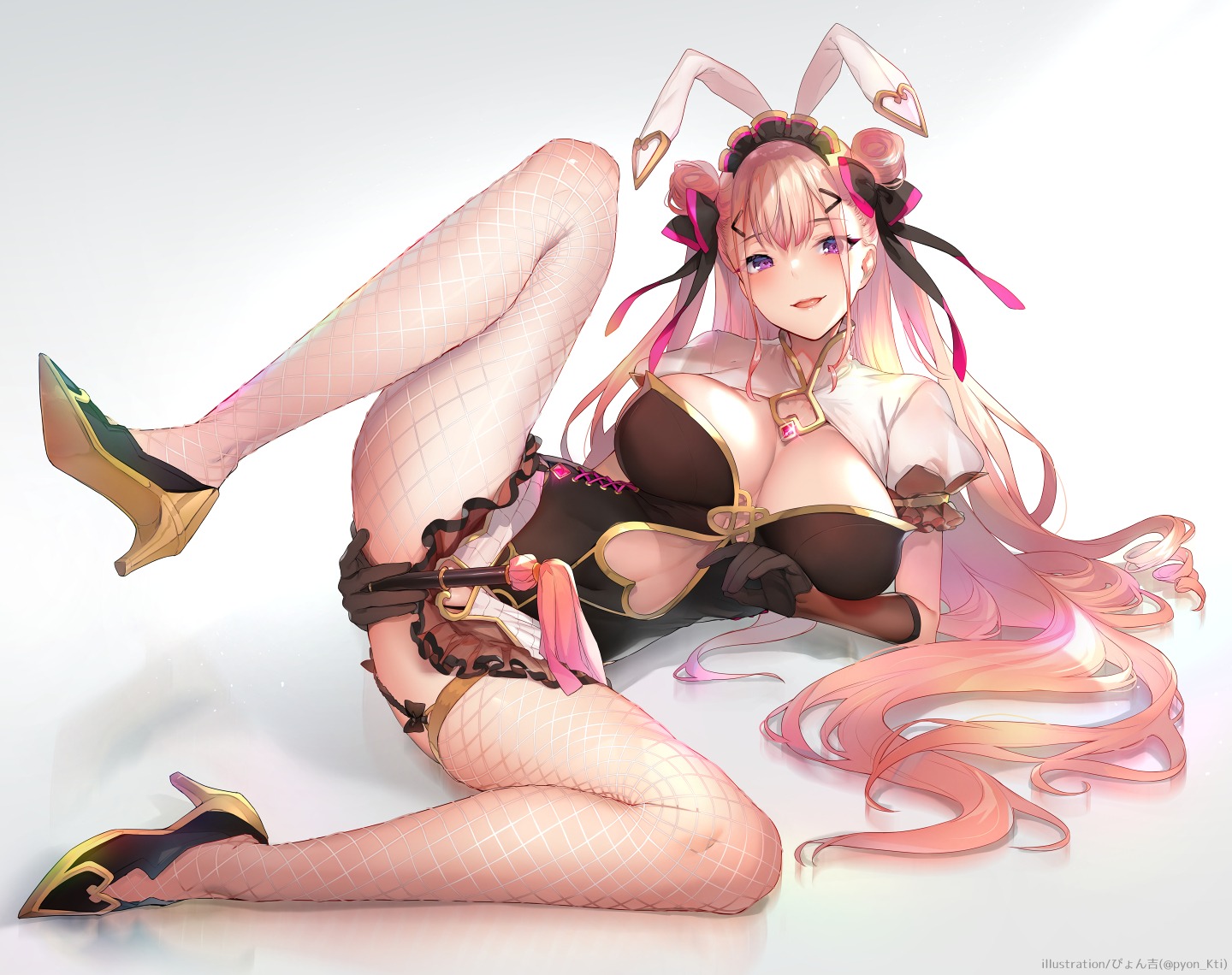 animal_ears bunny_ears bunny_girl fishnets heels no_bra pyon-kti stockings thighhighs