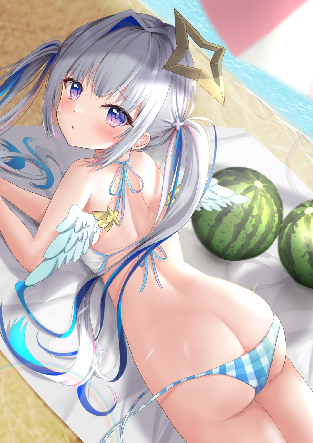 amane_kanata angel ass bikini hololive panty_pull swimsuits uni_ikura_(un1kura) wardrobe_malfunction wings