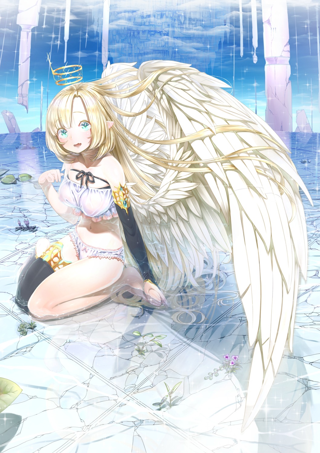 angel areola bra kawarage pantsu pointy_ears see_through thighhighs wet wet_clothes wings