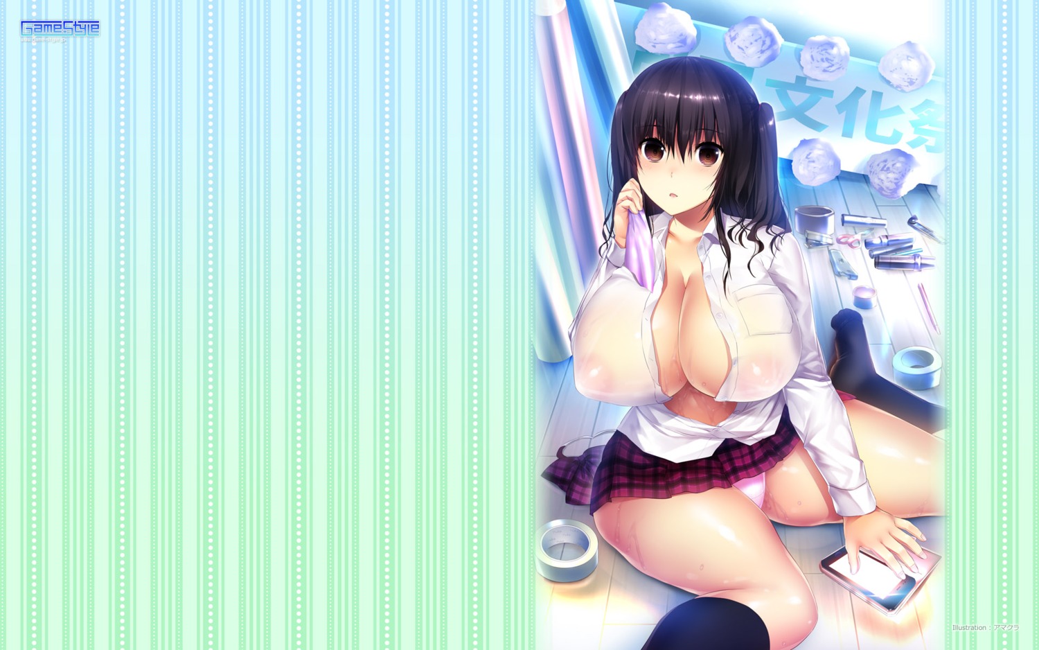 amakura areola game-style no_bra open_shirt pantsu see_through seifuku wallpaper wet