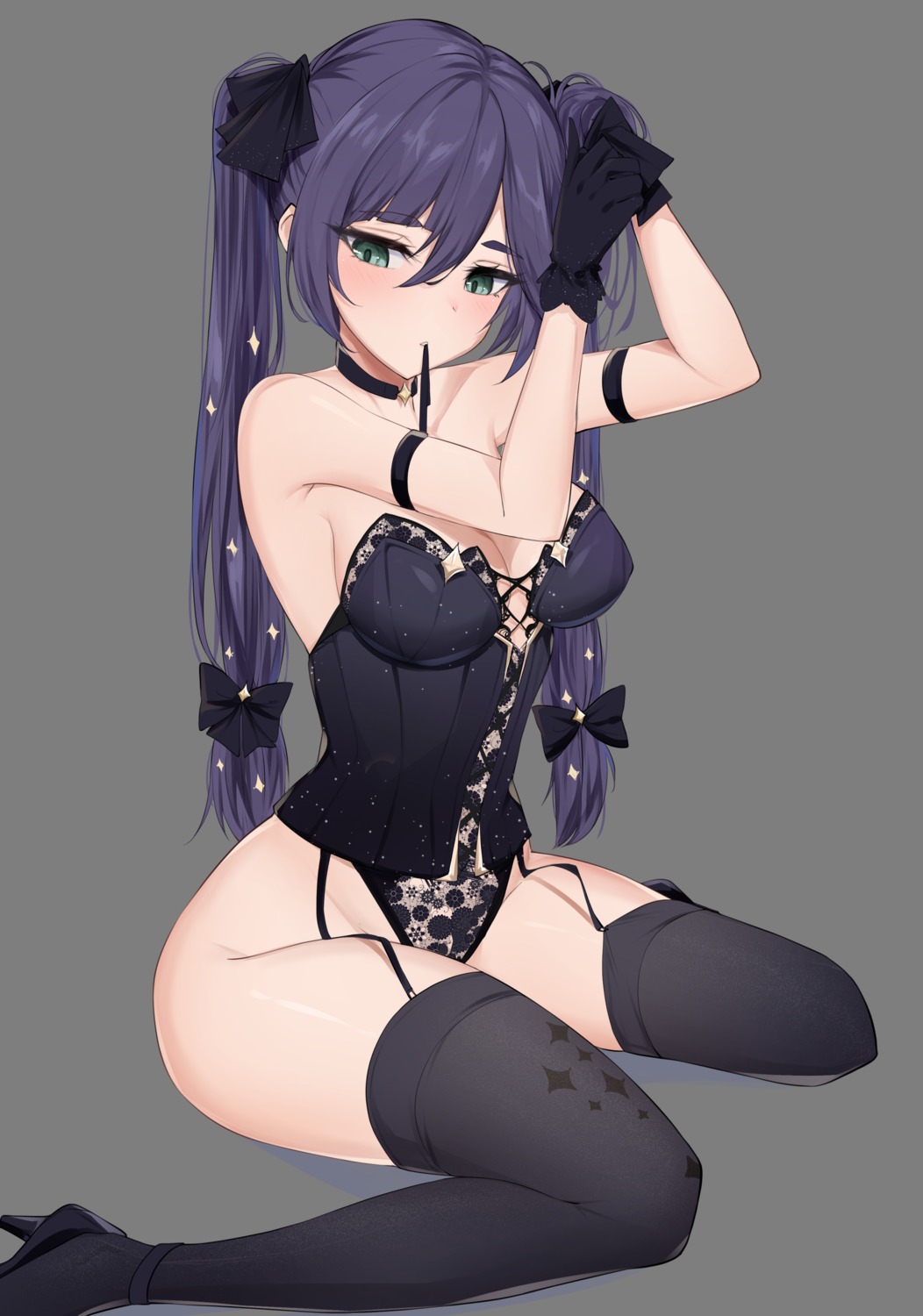 feint721 genshin_impact heels leotard lingerie mona_megistus stockings thighhighs transparent_png