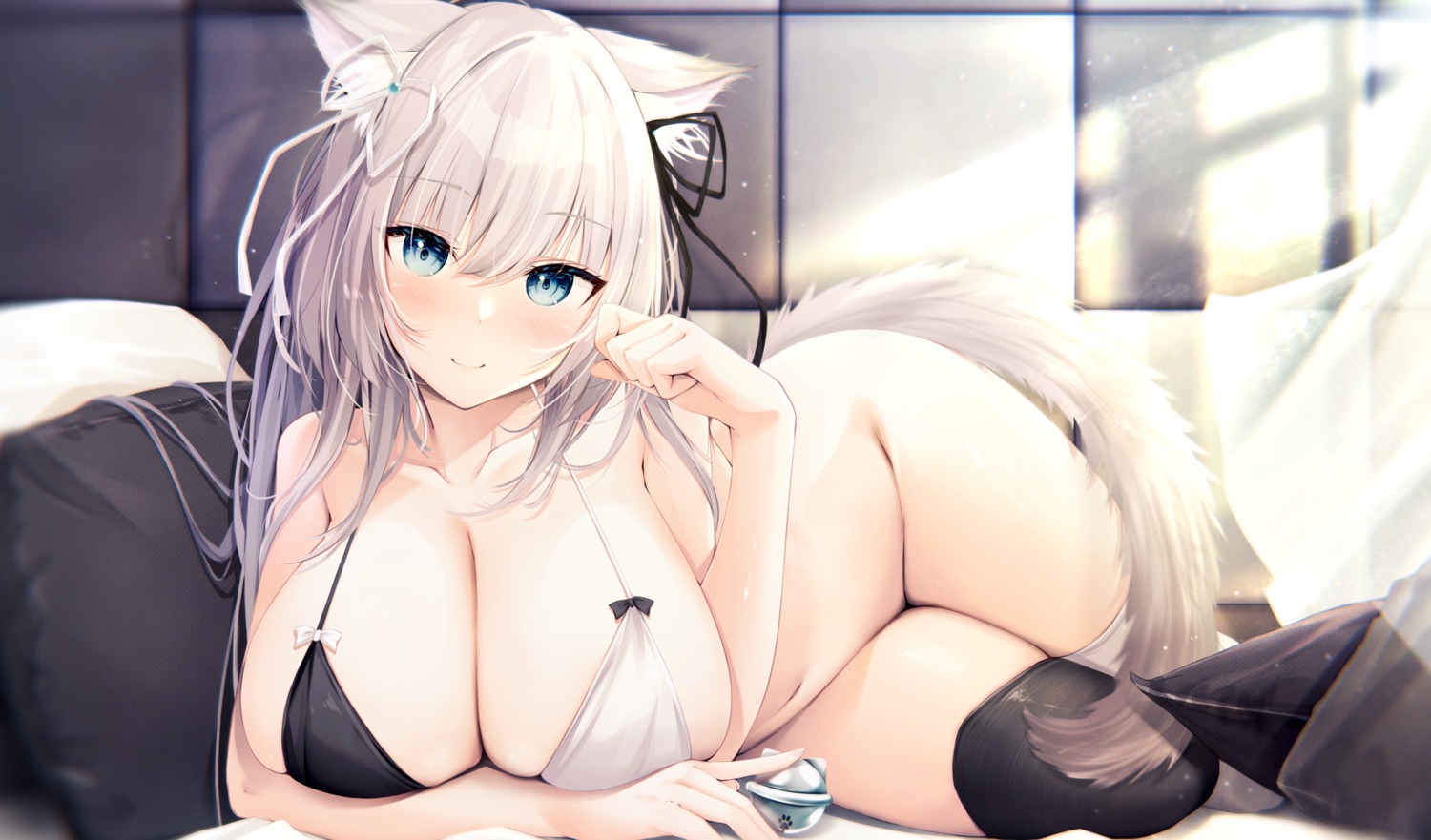 animal_ears bikini_top bottomless hukairi_botan nekomimi swimsuits tail thighhighs