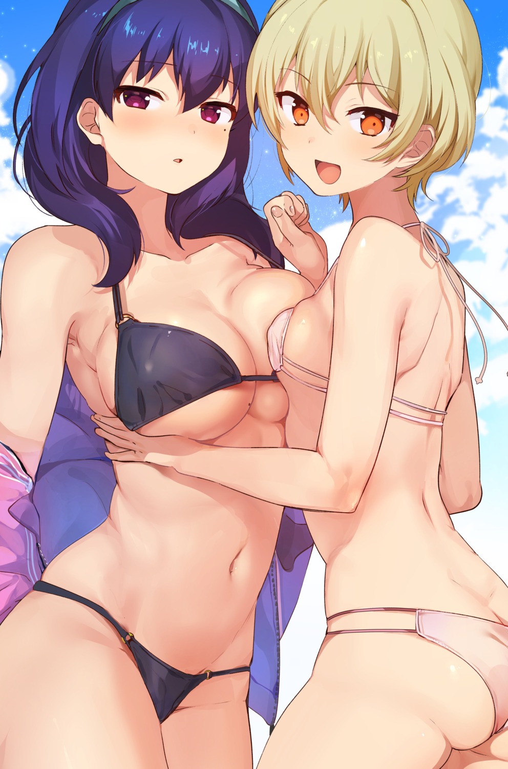 ass bikini breast_hold cleavage harumi_hana ichihara_chiaki konbu_wakame sekai_de_ichiban_oppai_ga_suki! swimsuits symmetrical_docking underboob yuri