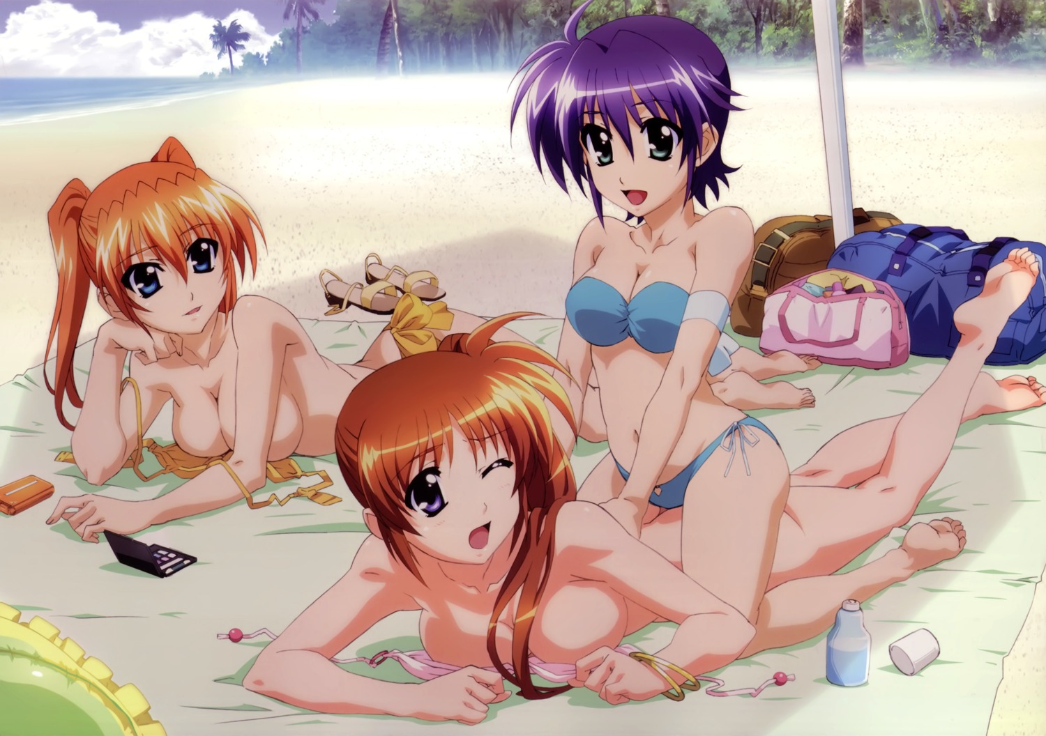 bikini cleavage hashimoto_takayoshi mahou_shoujo_lyrical_nanoha mahou_shoujo_lyrical_nanoha_strikers subaru_nakajima swimsuits takamachi_nanoha teana_lanster topless