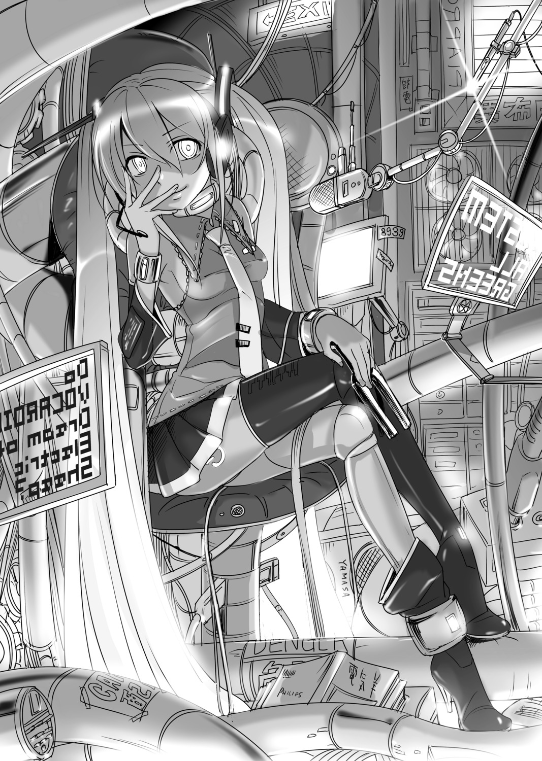 caffein hatsune_miku heels monochrome thighhighs vocaloid