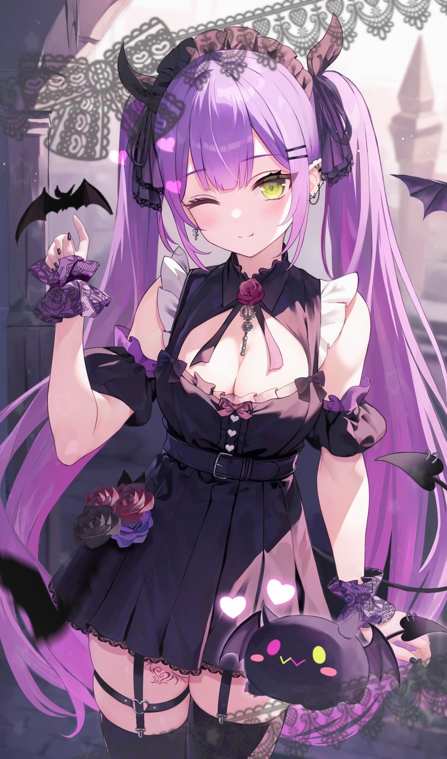 aria_(ariacue) devil garter halloween hololive horns pointy_ears stockings tail tattoo thighhighs tokoyami_towa wings