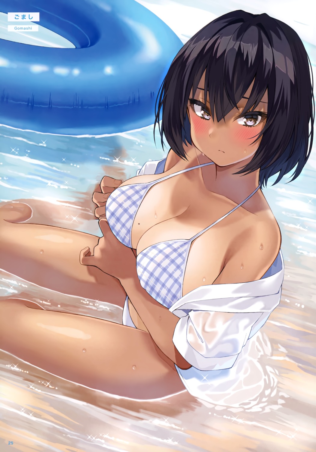 bikini breast_hold erect_nipples gomashi open_shirt swimsuits tan_lines wet wet_clothes