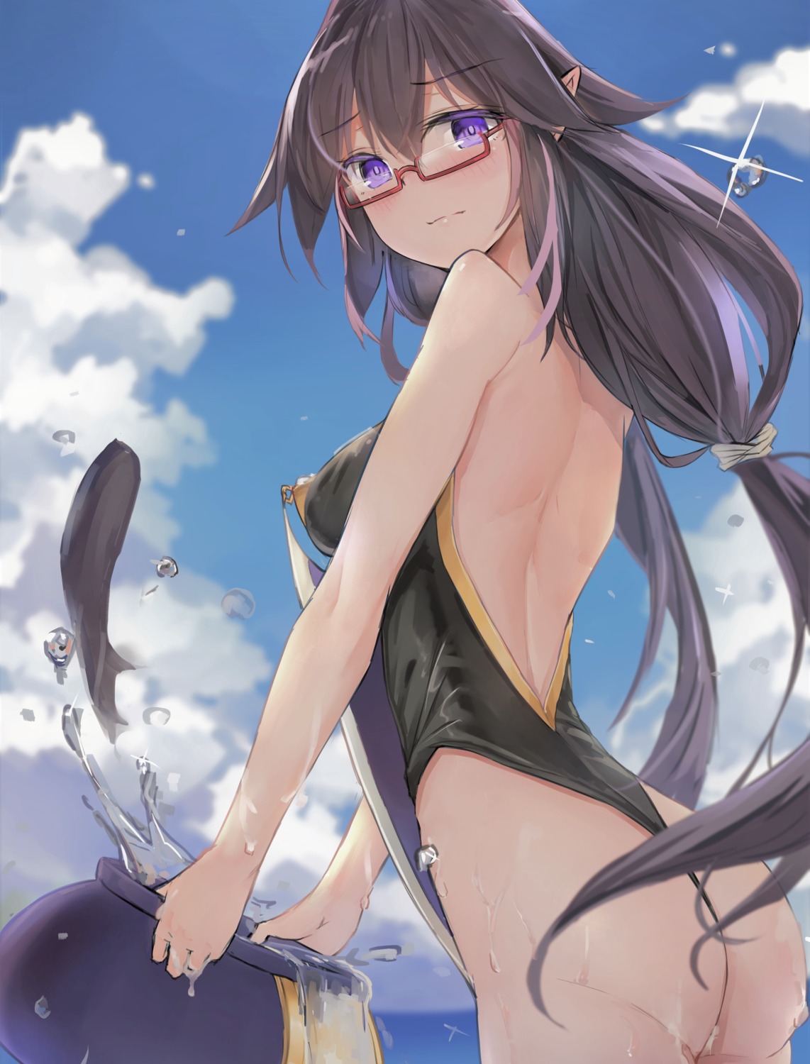 ass ho_haku megane pointy_ears swimsuits wet