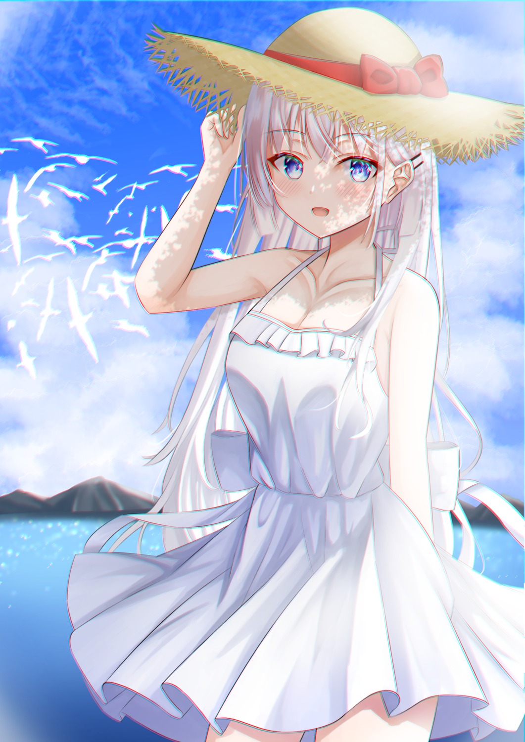 cleavage dress mao_sirahama naruse_shiroha no_bra skirt_lift summer_dress summer_pockets summer_pockets_reflection_blue