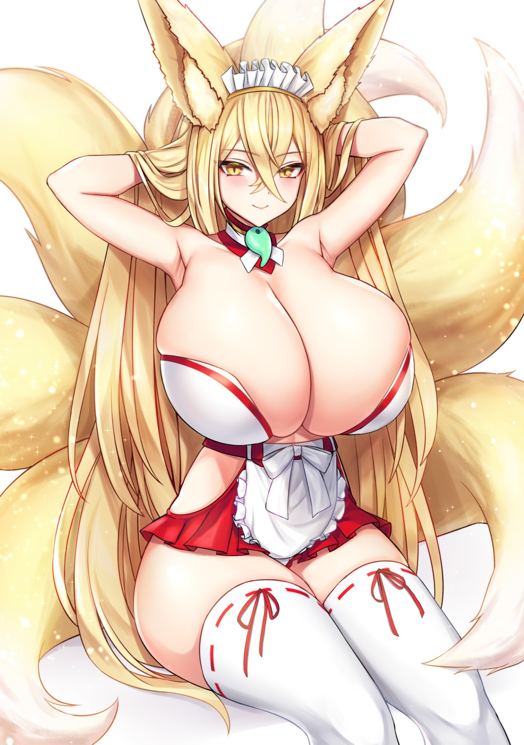 animal_ears bindong heavenly_hirume kitsune last_origin miko no_bra open_shirt tail thighhighs