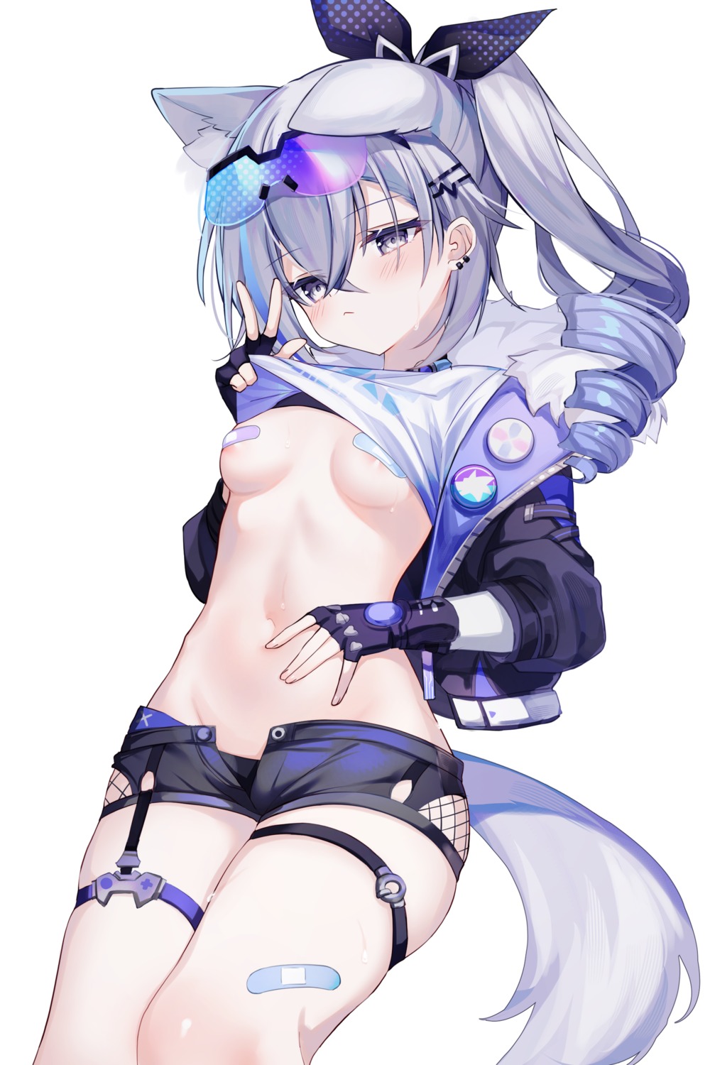 animal_ears areola bandaid breasts fishnets garter honkai:_star_rail megane no_bra pantsu pasties shirt_lift shouu-kun silver_wolf_(honkai:_star_rail) tail undressing