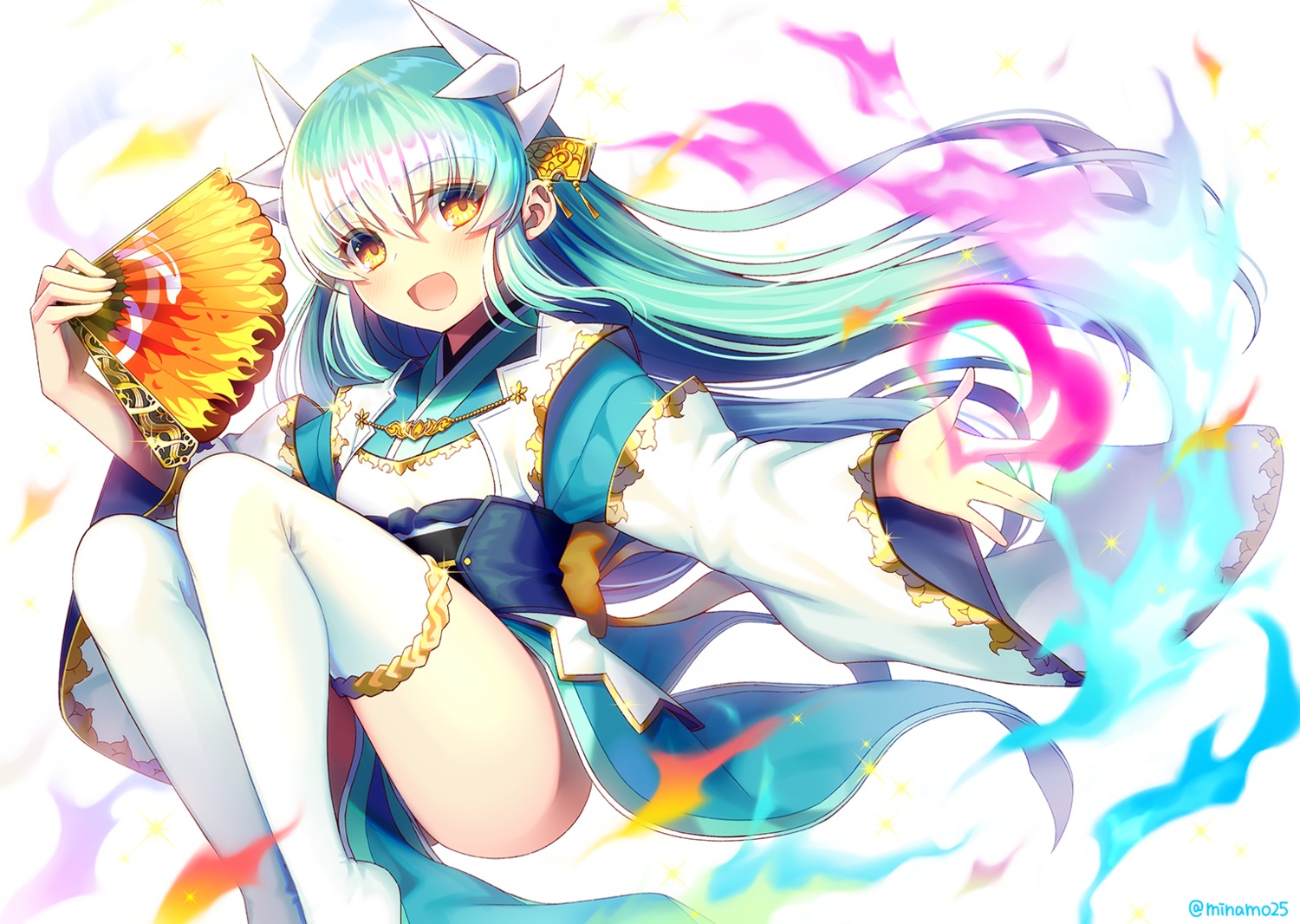 fate/grand_order horns japanese_clothes kiyohime_(fate/grand_order) minamo25 skirt_lift thighhighs