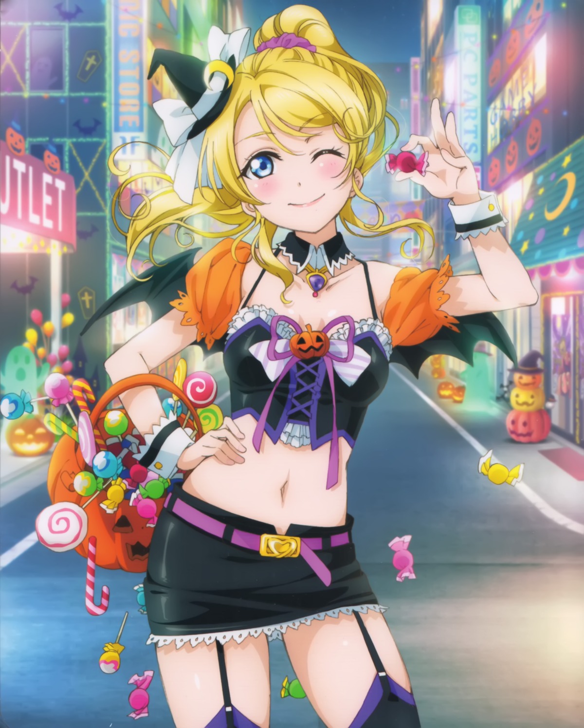 ayase_eli cleavage halloween love_live! stockings thighhighs wings witch