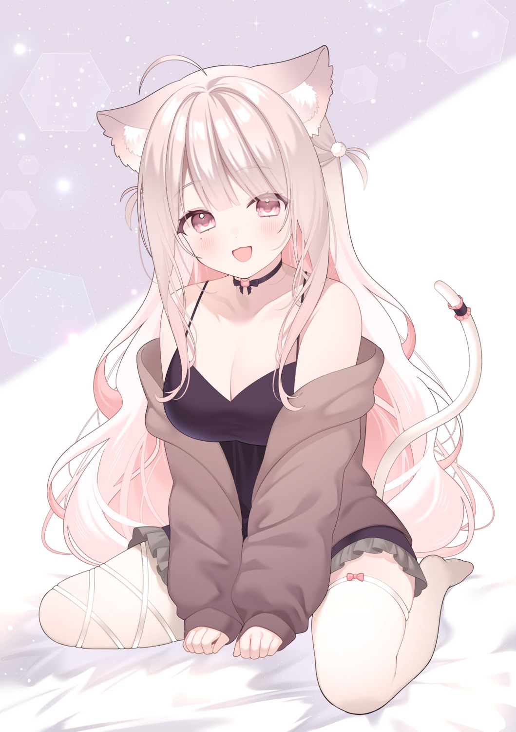 animal_ears chitetan cleavage dress indie_virtual_youtuber nekomimi sweater tail thighhighs uise_iu