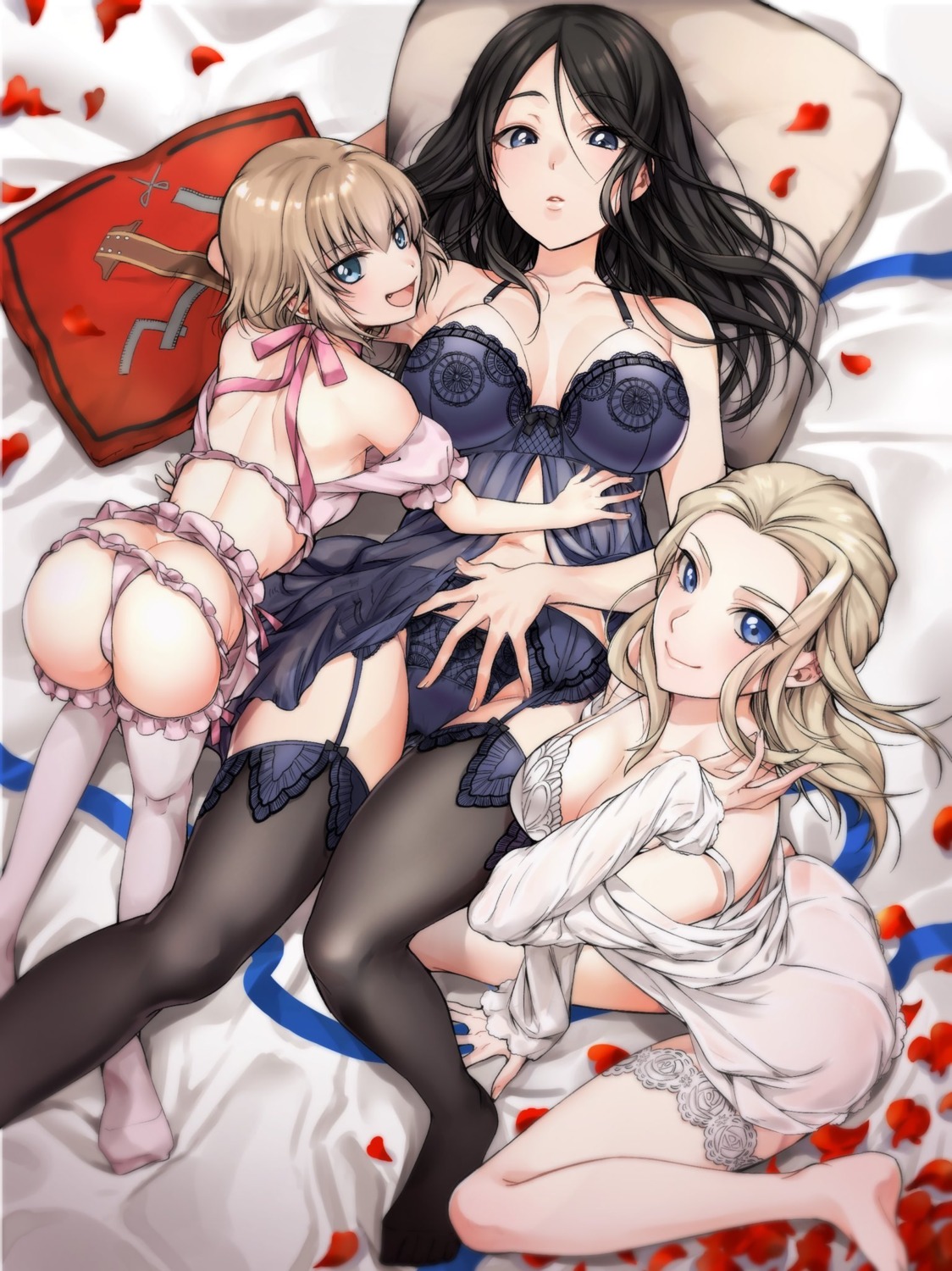 ass bra clara_(girls_und_panzer) garter_belt girls_und_panzer katyusha komekueyo lingerie nonna open_shirt pantsu see_through stockings thighhighs thong