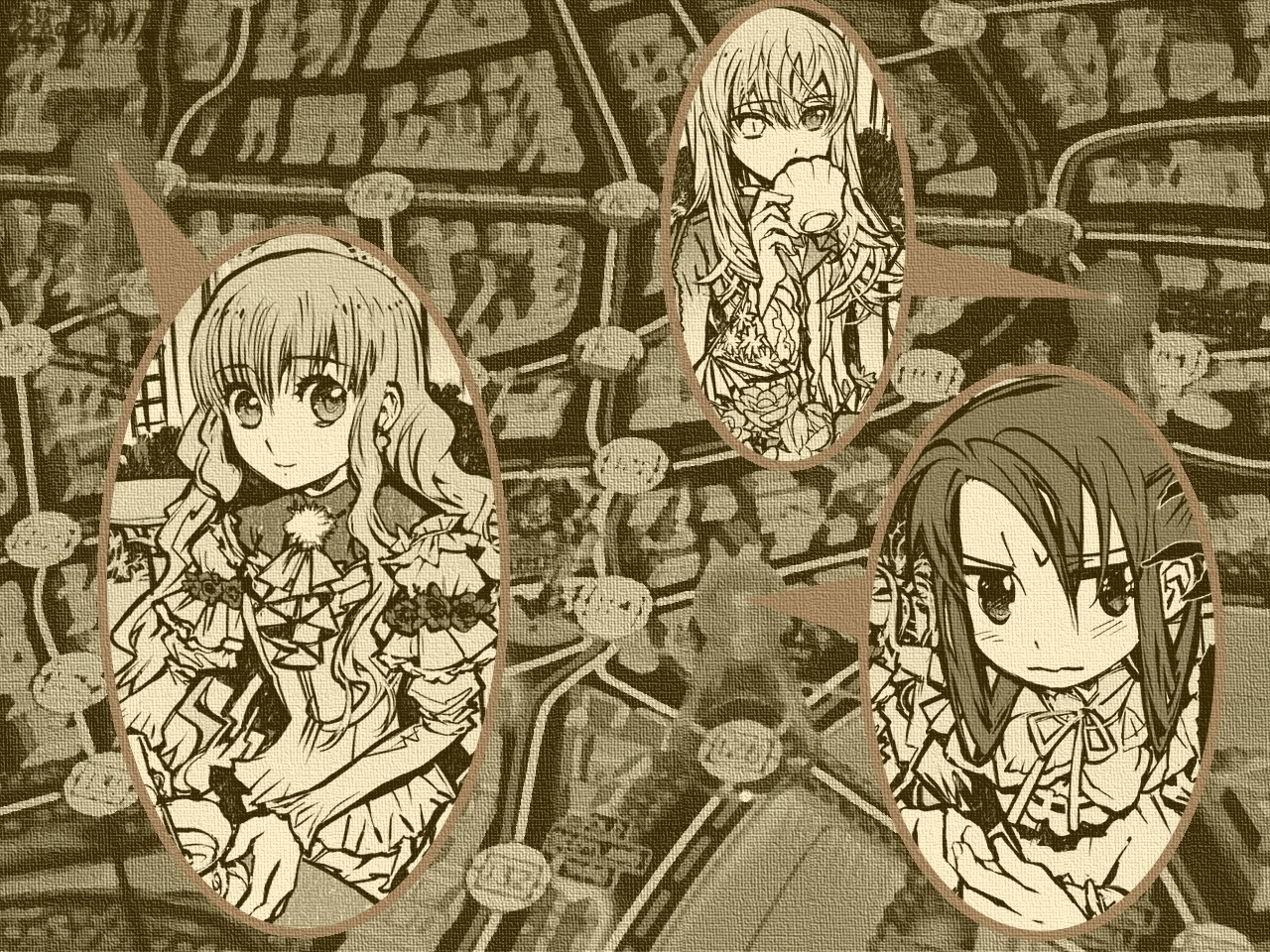 akira_(kaned_fools) angelica_derleth charlotte_bronte mary_clarissa_christie monochrome shikkoku_no_sharnoth wallpaper