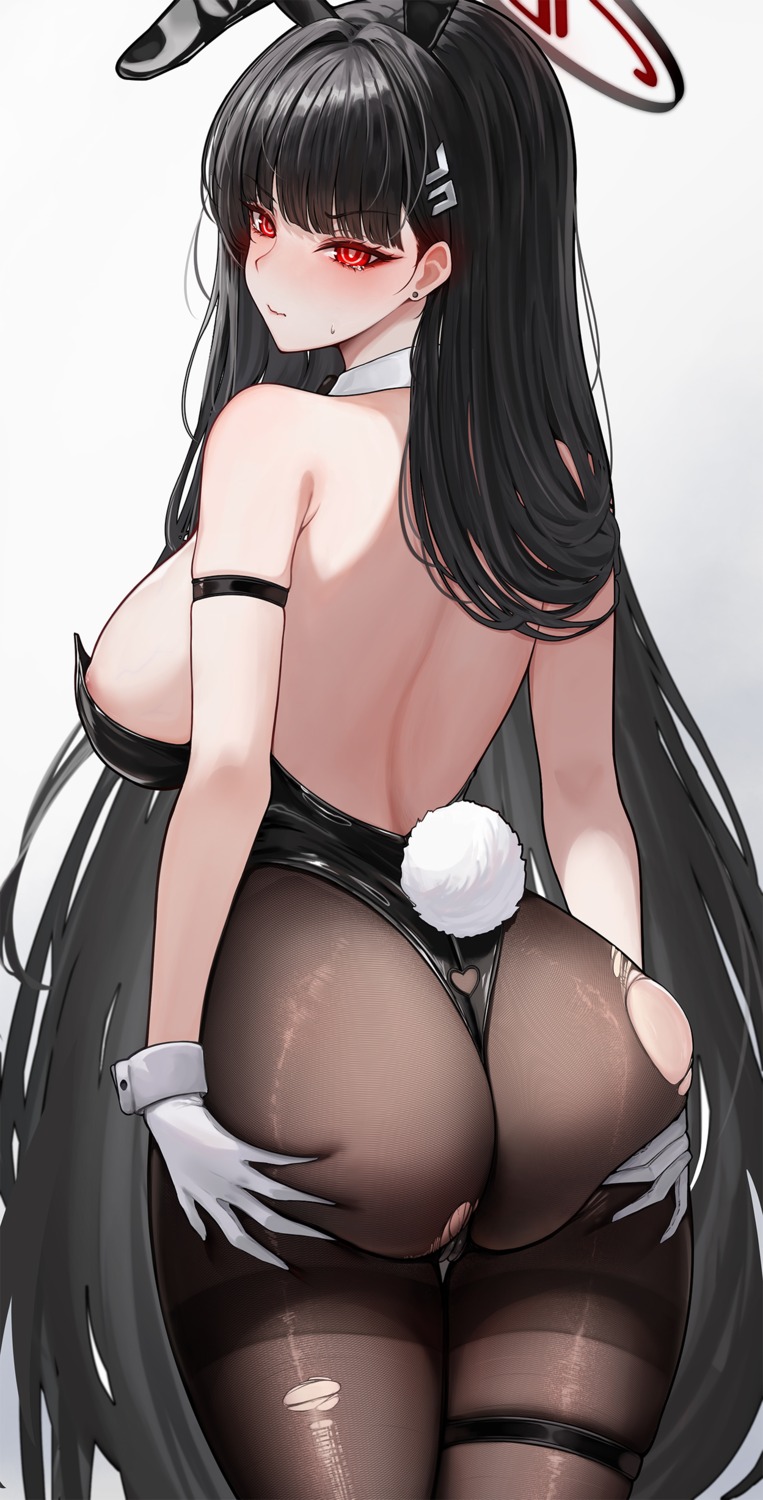 animal_ears ass ass_grab blue_archive bunny_ears bunny_girl floralmi garter halo no_bra pantyhose tail torn_clothes tsukatsuki_rio